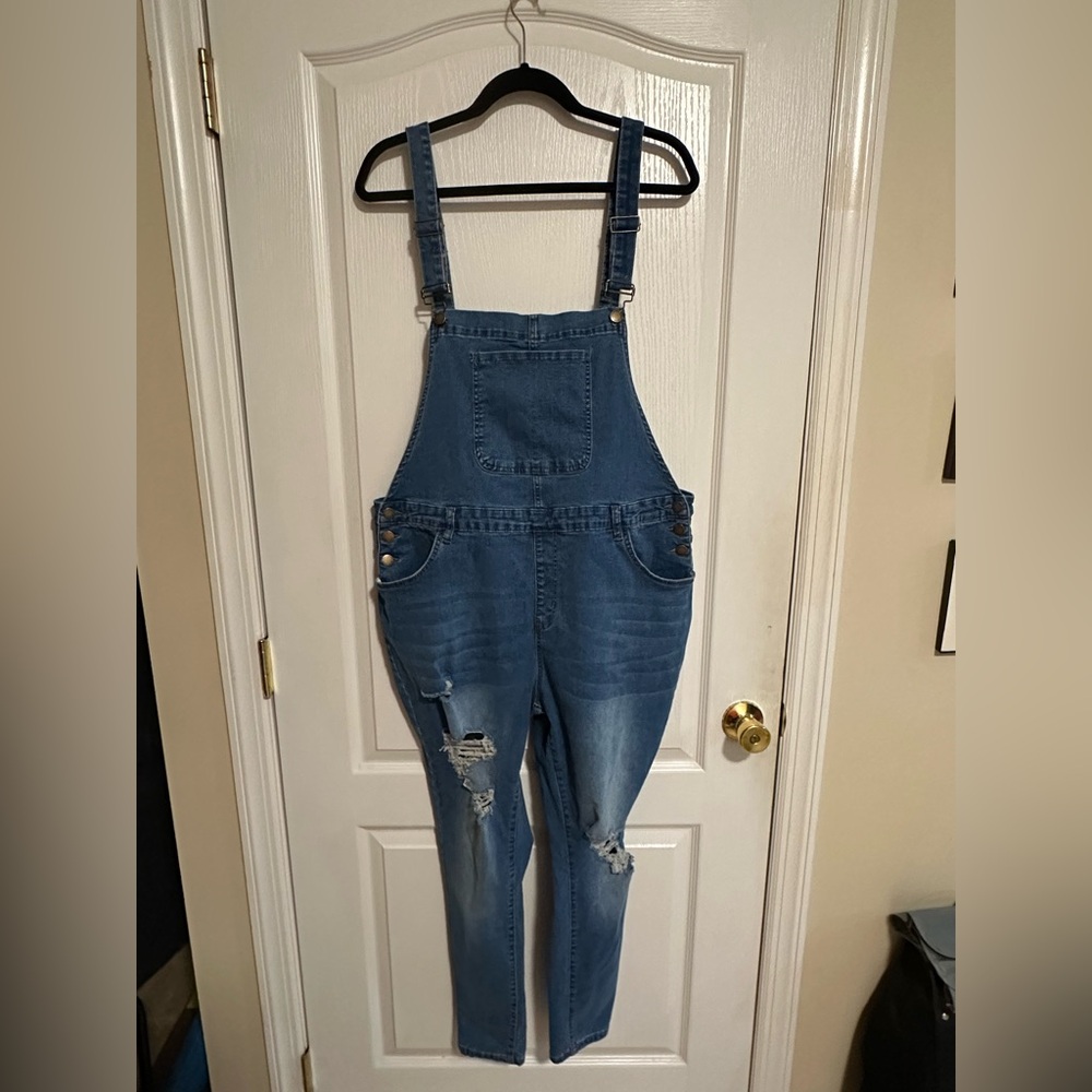 Womens SHEIN Curve 3XL Distressed Denim Overalls Skinny Fit